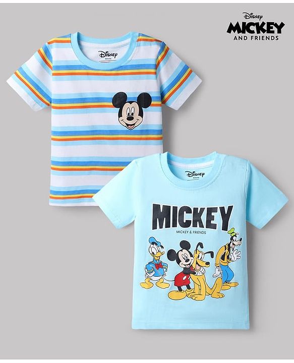 Babyhug Disney Single Jersey Knit Half Sleeve T-shirt With Mickey Mouse Graphics Pack of 2 - Blue & Light Blue