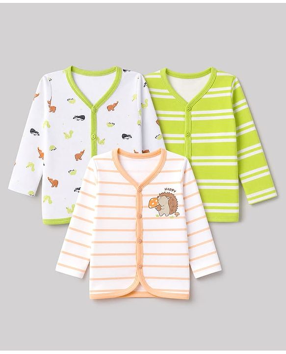 Babyhug 100% Cotton Knit Full Sleeves Animal & Stripe Printed Jhablas Pack of 3 - Green white & Pink