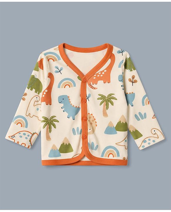 Babyhug 100% Cotton Interlock Knit Full Sleeves Stripe & Dinosaur Printed Jhablas Pack of 3 - Orange Blue & White