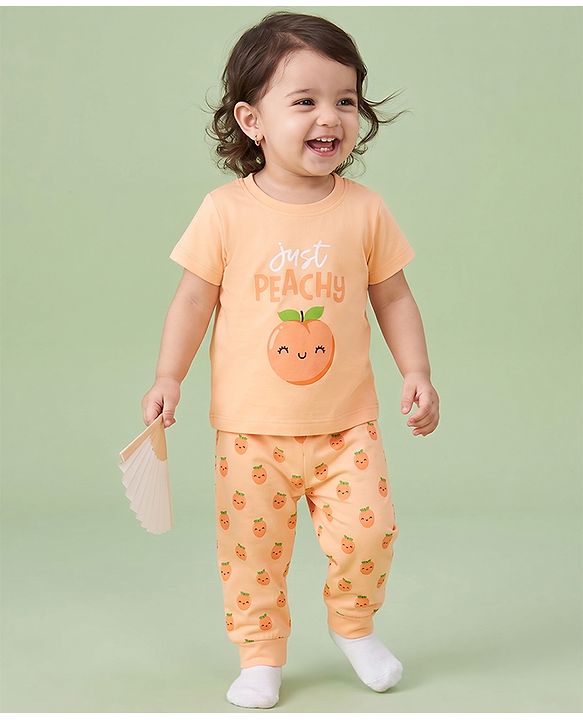 Babyhug 100% Cotton Knit Half Sleeves Tropical Theme Printed T-Shirt & Pyjama Night Suit - Peach