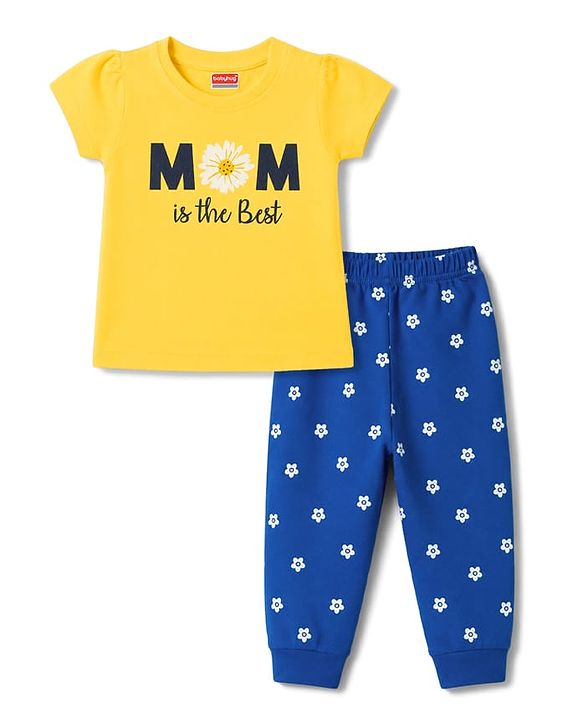 Babyhug 100% Cotton Knit Half Sleeves T-Shirt & Pyjama Night Suit With Text & Floral Print - Yellow