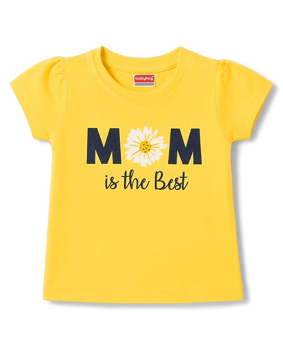 Babyhug 100% Cotton Knit Half Sleeves T-Shirt & Pyjama Night Suit With Text & Floral Print - Yellow