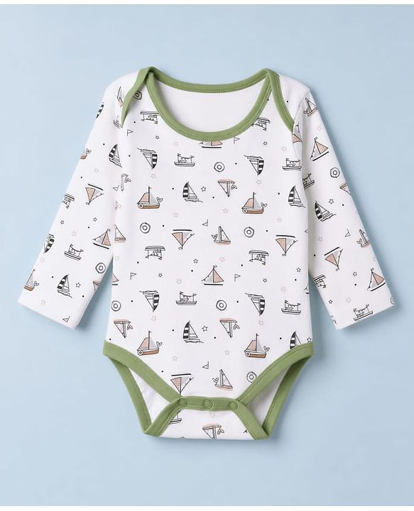 Babyhug 100% Cotton Interlock Knit Full Sleeves Striped Onesies With Boat Print Pack of 3 - White & Green