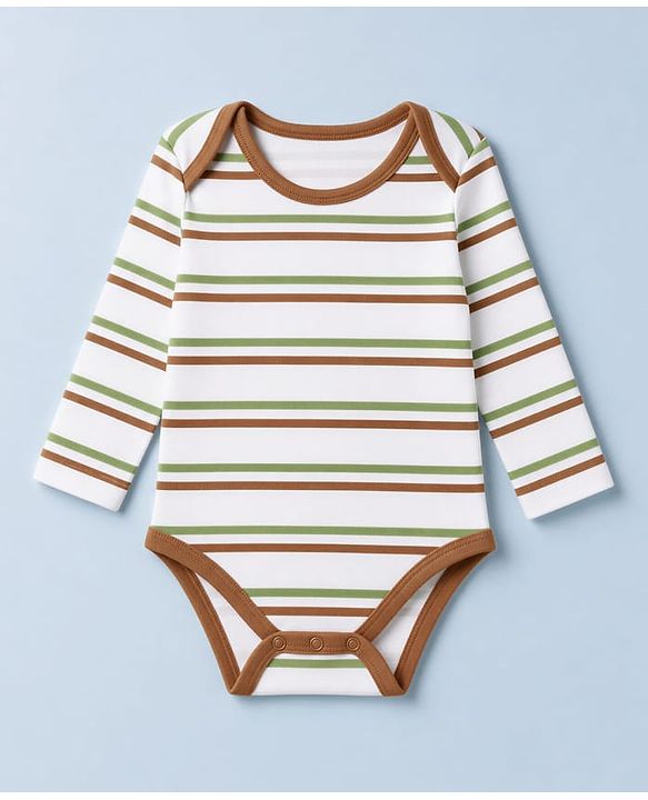 Babyhug 100% Cotton Interlock Knit Full Sleeves Striped Onesies With Boat Print Pack of 3 - White & Green