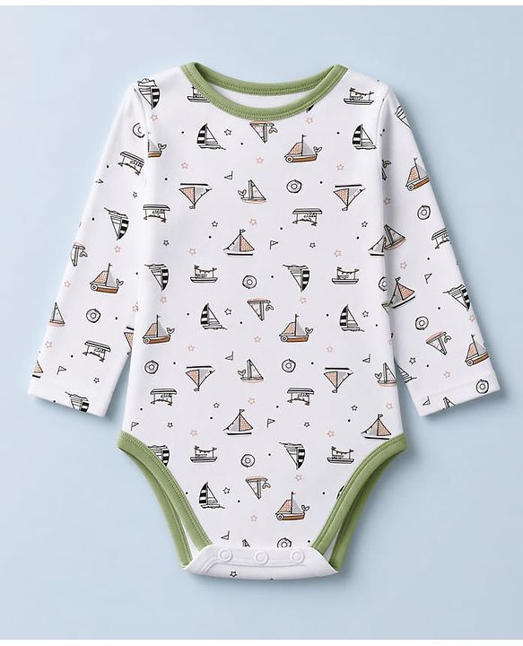 Babyhug 100% Cotton Interlock Knit Full Sleeves Striped Onesies With Boat Print Pack of 3 - White & Green