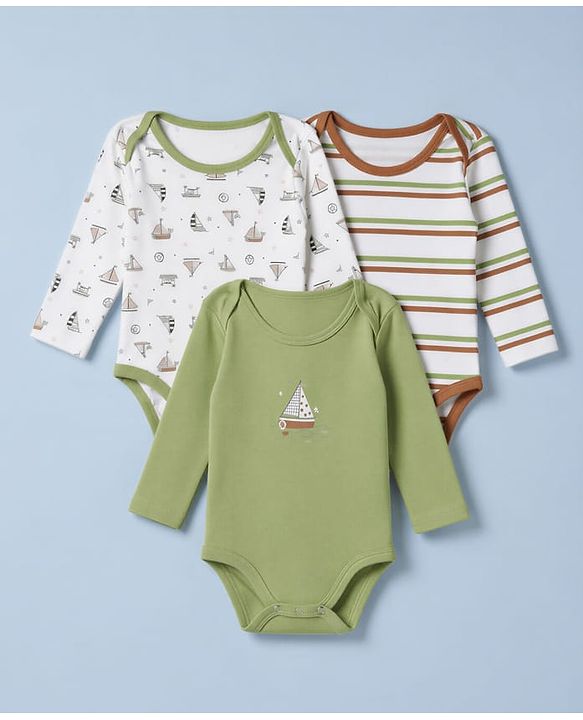 Babyhug 100% Cotton Interlock Knit Full Sleeves Striped Onesies With Boat Print Pack of 3 - White & Green