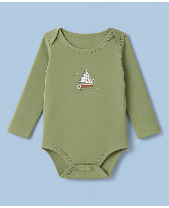 Babyhug 100% Cotton Interlock Knit Full Sleeves Striped Onesies With Boat Print Pack of 3 - White & Green