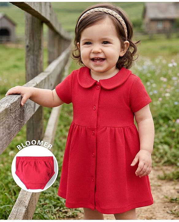 Babyhug Waffle Knit Half Sleeves Solid Textured Frock With Bloomer - Red
