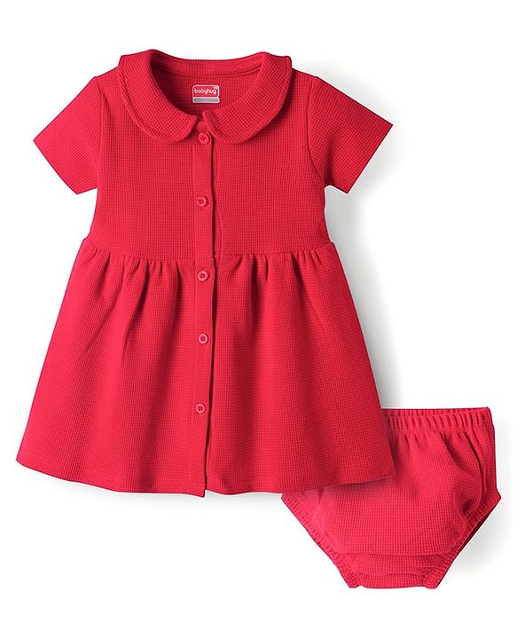 Babyhug Waffle Knit Half Sleeves Solid Textured Frock With Bloomer - Red