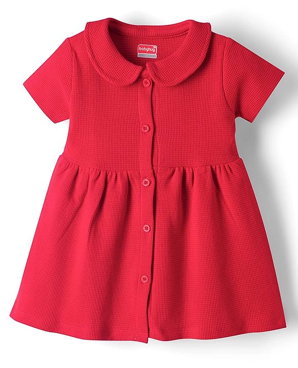 Babyhug Waffle Knit Half Sleeves Solid Textured Frock With Bloomer - Red