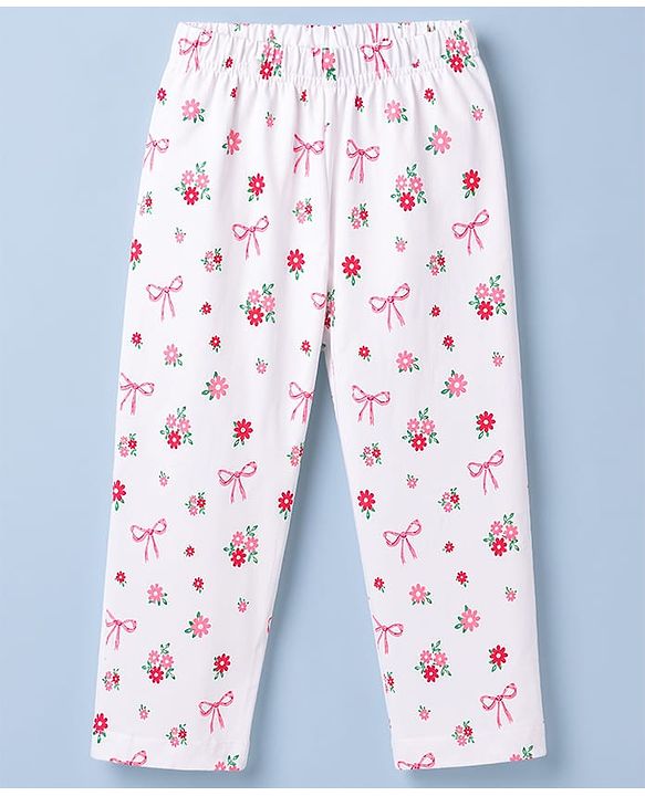 Babyhug 100% Cotton Knit Half Sleeves Top & Pyjama Co-ords Night Suit With Floral Print - White