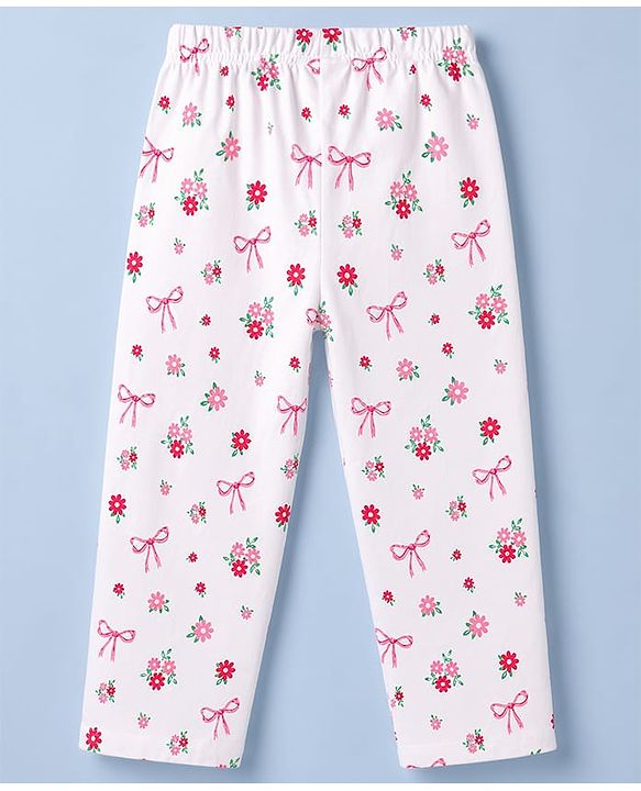 Babyhug 100% Cotton Knit Half Sleeves Top & Pyjama Co-ords Night Suit With Floral Print - White