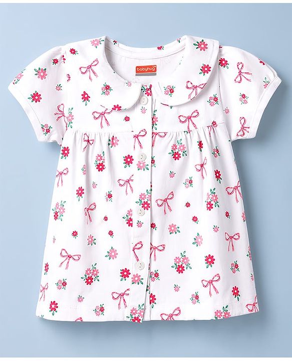 Babyhug 100% Cotton Knit Half Sleeves Top & Pyjama Co-ords Night Suit With Floral Print - White