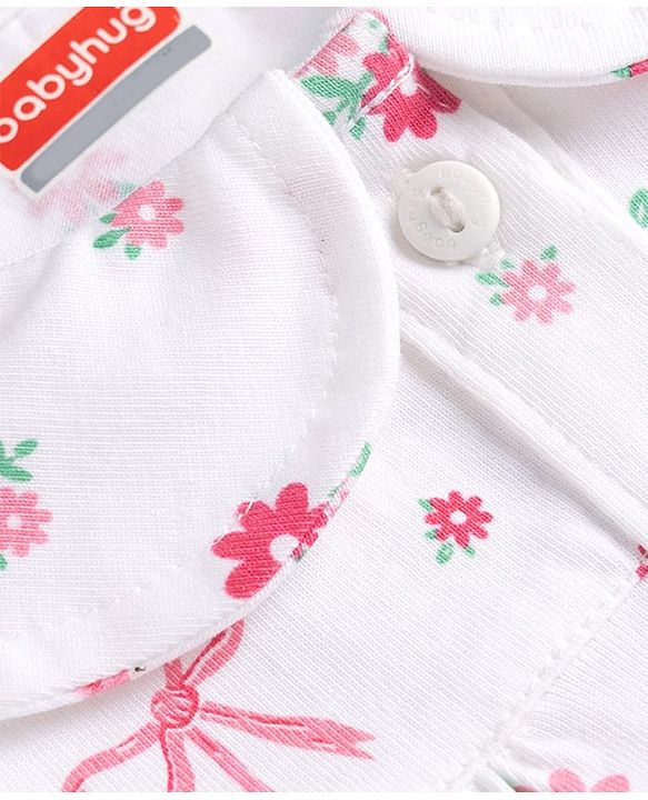 Babyhug 100% Cotton Knit Half Sleeves Top & Pyjama Co-ords Night Suit With Floral Print - White