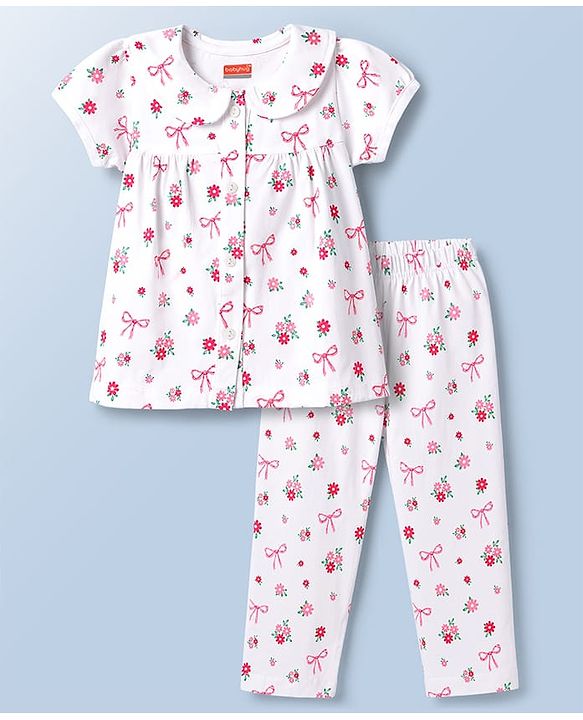 Babyhug 100% Cotton Knit Half Sleeves Top & Pyjama Co-ords Night Suit With Floral Print - White
