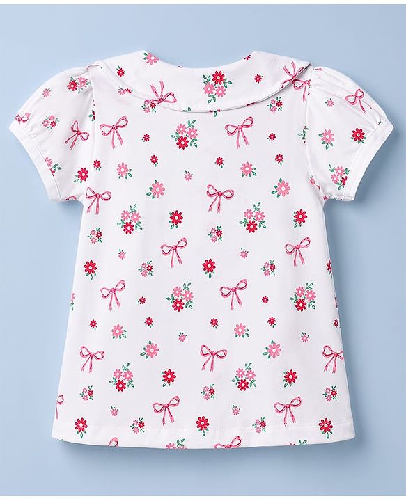 Babyhug 100% Cotton Knit Half Sleeves Top & Pyjama Co-ords Night Suit With Floral Print - White