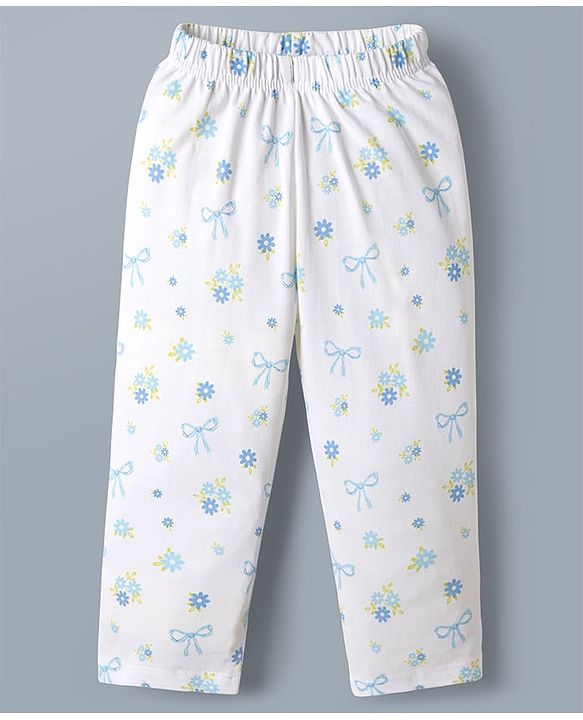 Babyhug 100% Cotton Knit Half Sleeves Peter Pan Collared Co-Ord Top & Pyjama Night Suit With Bow & Floral Print - White