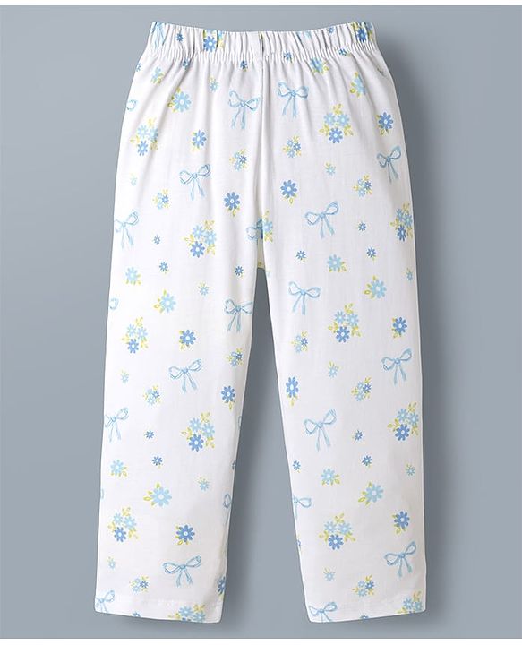 Babyhug 100% Cotton Knit Half Sleeves Peter Pan Collared Co-Ord Top & Pyjama Night Suit With Bow & Floral Print - White
