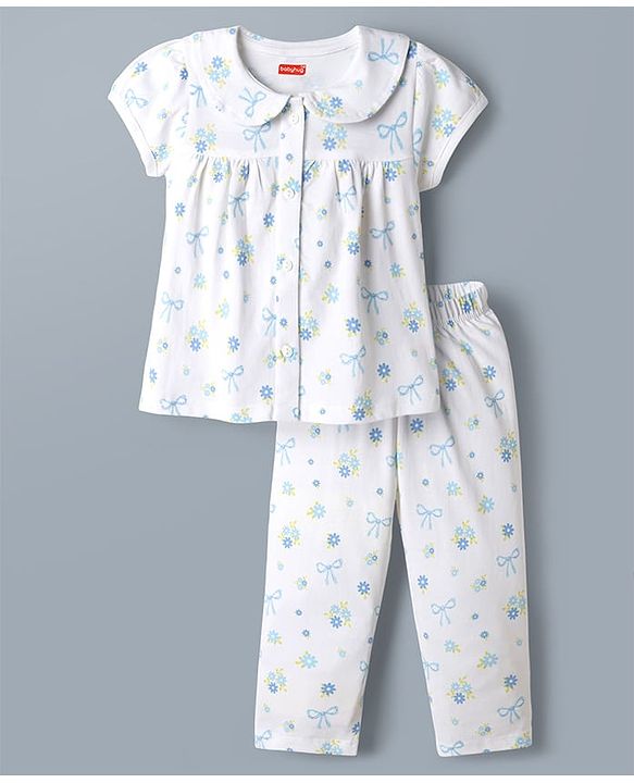 Babyhug 100% Cotton Knit Half Sleeves Peter Pan Collared Co-Ord Top & Pyjama Night Suit With Bow & Floral Print - White