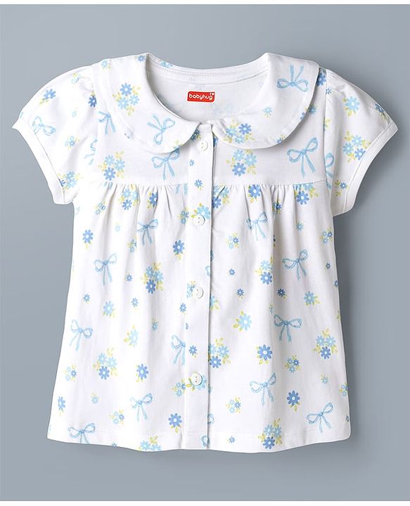 Babyhug 100% Cotton Knit Half Sleeves Peter Pan Collared Co-Ord Top & Pyjama Night Suit With Bow & Floral Print - White