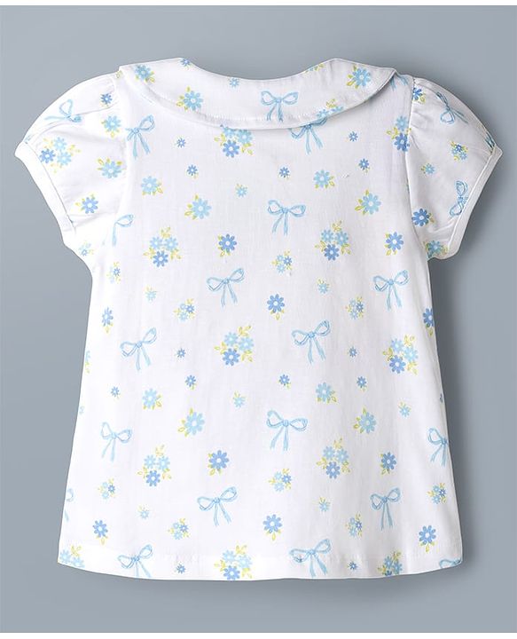 Babyhug 100% Cotton Knit Half Sleeves Peter Pan Collared Co-Ord Top & Pyjama Night Suit With Bow & Floral Print - White