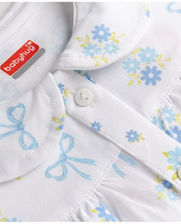 Babyhug 100% Cotton Knit Half Sleeves Peter Pan Collared Co-Ord Top & Pyjama Night Suit With Bow & Floral Print - White