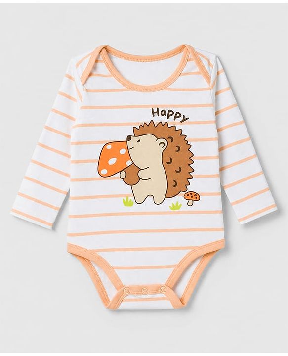 Babyhug 100% Cotton Interlock Knit Full Sleeves Striped Onesies With Animal Print Pack of 3 - White, Light Green & Orange