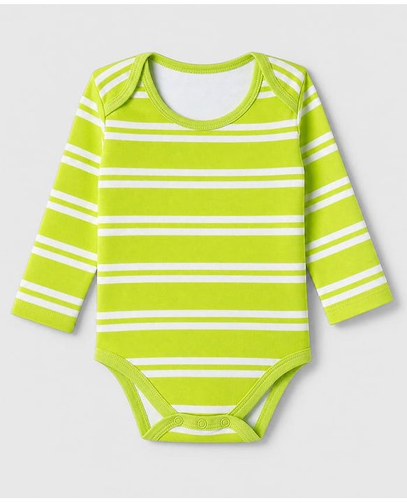 Babyhug 100% Cotton Interlock Knit Full Sleeves Striped Onesies With Animal Print Pack of 3 - White, Light Green & Orange