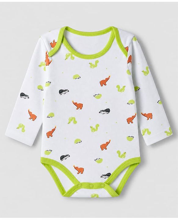 Babyhug 100% Cotton Interlock Knit Full Sleeves Striped Onesies With Animal Print Pack of 3 - White, Light Green & Orange