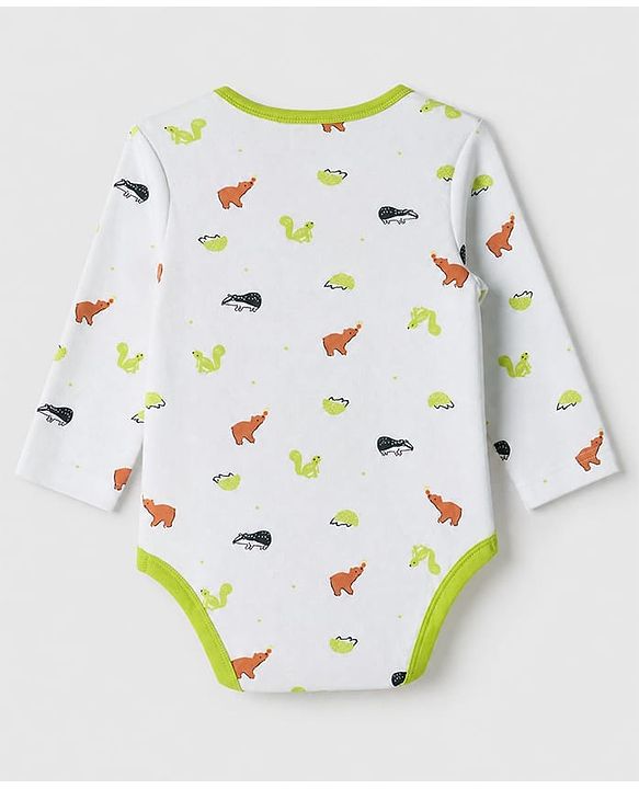 Babyhug 100% Cotton Interlock Knit Full Sleeves Striped Onesies With Animal Print Pack of 3 - White, Light Green & Orange