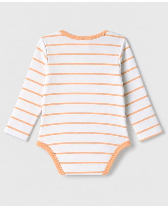 Babyhug 100% Cotton Interlock Knit Full Sleeves Striped Onesies With Animal Print Pack of 3 - White, Light Green & Orange