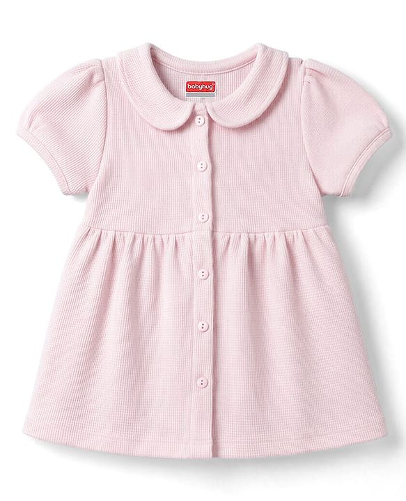 Babyhug Cotton Knit Frocks with Bloomer Half Sleeves Peter Pan Collar Pink  0-3 Months