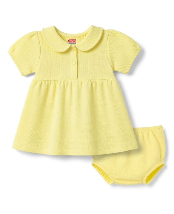 Babyhug Waffle Knit Half Sleeves Solid Frock With Bloomer - Yellow