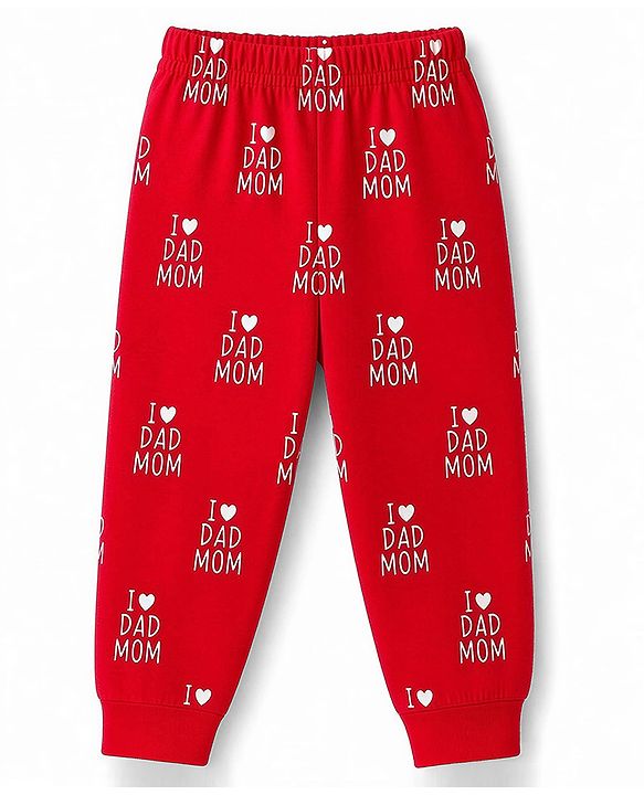 Babyhug 100% Cotton Knit Full Sleeves Text Printed Co-Ords T-Shirt & Pyjama Night Suit - Red
