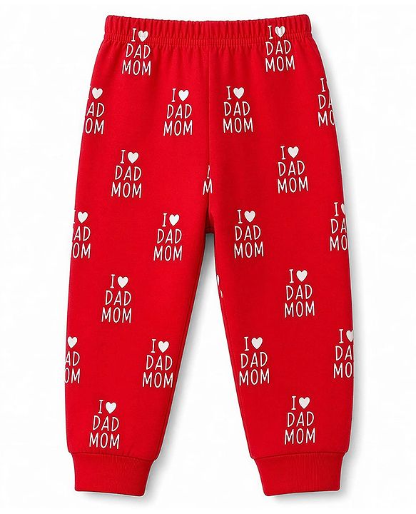 Babyhug 100% Cotton Knit Full Sleeves Text Printed Co-Ords T-Shirt & Pyjama Night Suit - Red