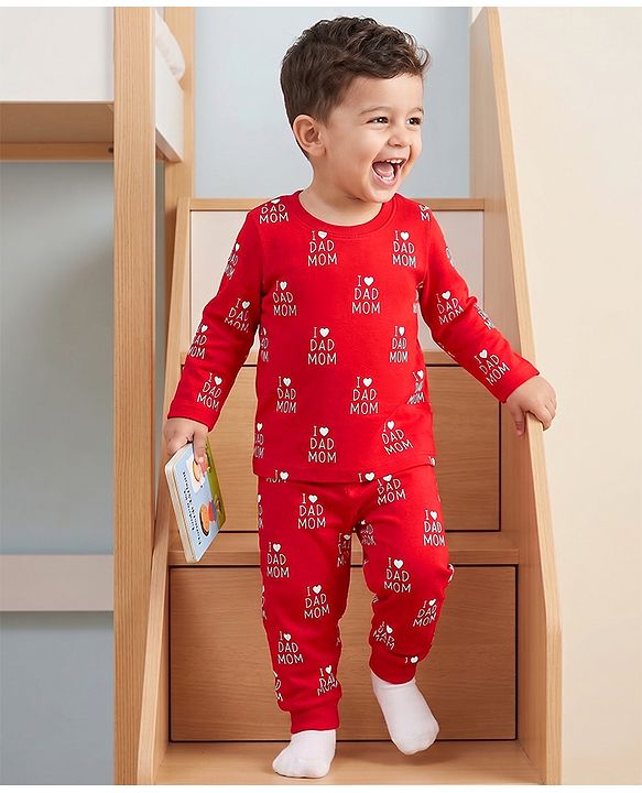 Babyhug 100% Cotton Knit Full Sleeves Text Printed Co-Ords T-Shirt & Pyjama Night Suit - Red