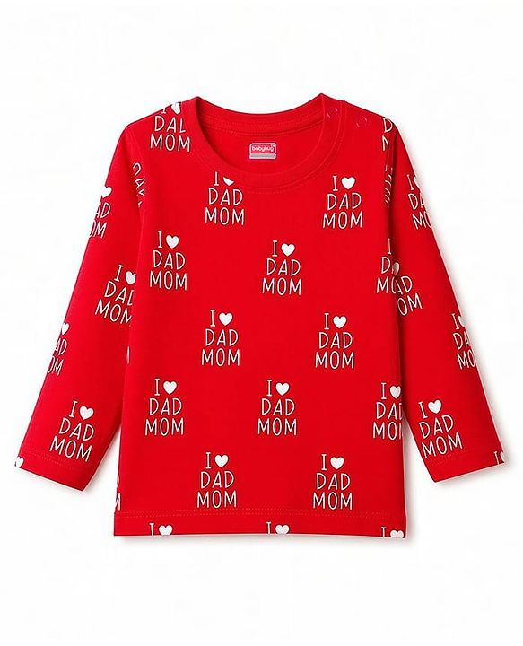Babyhug 100% Cotton Knit Full Sleeves Text Printed Co-Ords T-Shirt & Pyjama Night Suit - Red