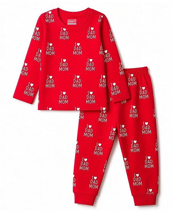 Babyhug 100% Cotton Knit Full Sleeves Text Printed Co-Ords T-Shirt & Pyjama Night Suit - Red