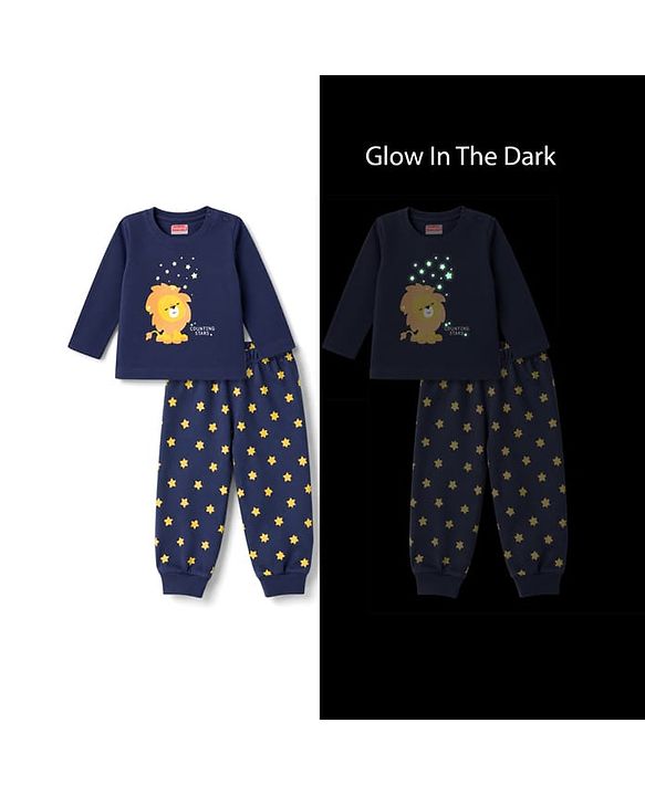 Babyhug Cotton Knit Full Sleeves Lion Printed T-Shirt & Pyjama Night Suit with Glow In Dark Effect - Navy