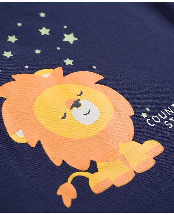 Babyhug Cotton Knit Full Sleeves Lion Printed T-Shirt & Pyjama Night Suit with Glow In Dark Effect - Navy