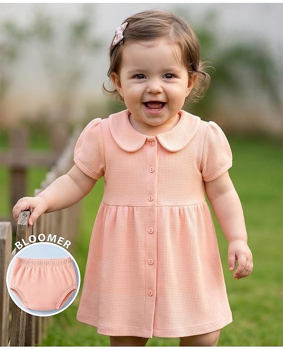 Babyhug Waffle Knit Half Sleeves Frock with Bloomer - Peach
