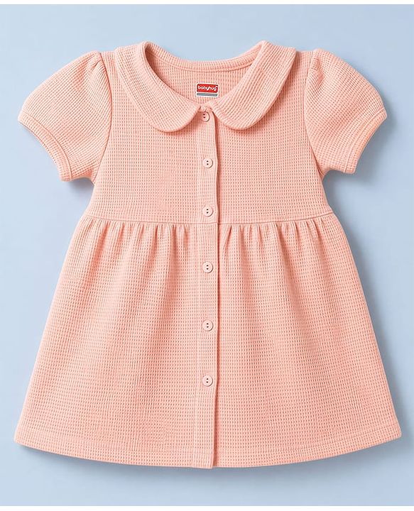 Babyhug Waffle Knit Half Sleeves Frock with Bloomer - Peach