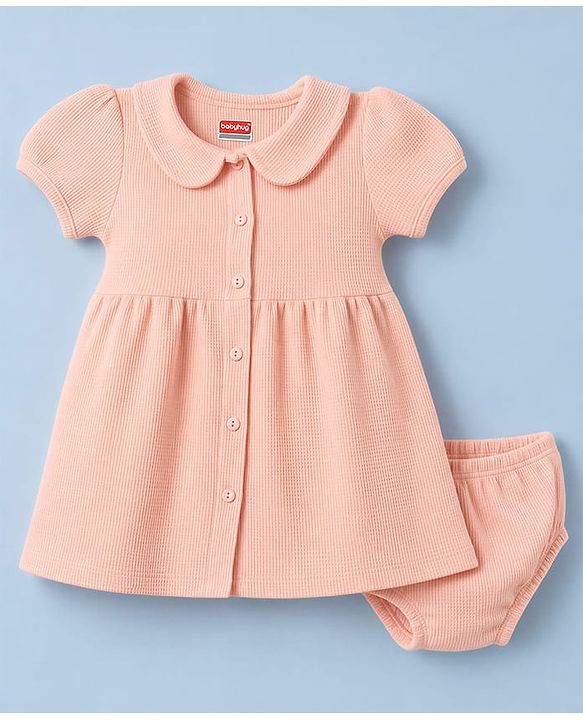 Babyhug Waffle Knit Half Sleeves Frock with Bloomer - Peach