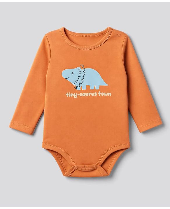 Babyhug 100% Cotton Knit Full Sleeves Striped Onesies With Animal & Text Print Pack of 3 - Orange & White