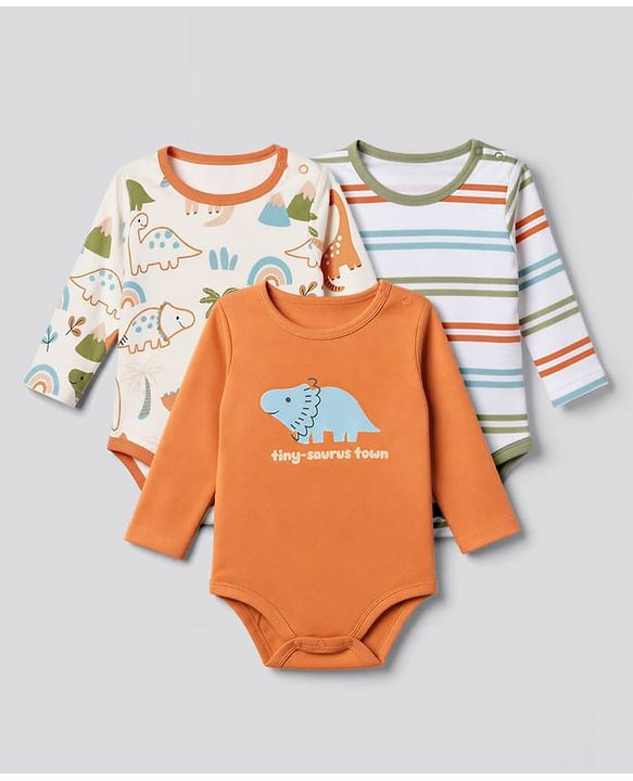 Babyhug 100% Cotton Knit Full Sleeves Striped Onesies With Animal & Text Print Pack of 3 - Orange & White