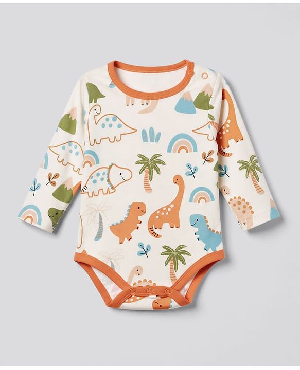 Babyhug 100% Cotton Knit Full Sleeves Striped Onesies With Animal & Text Print Pack of 3 - Orange & White