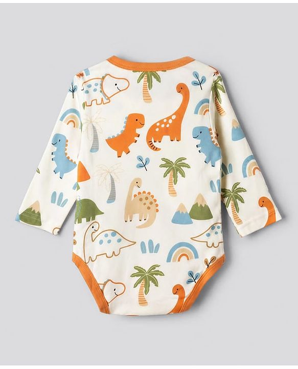 Babyhug 100% Cotton Knit Full Sleeves Striped Onesies With Animal & Text Print Pack of 3 - Orange & White