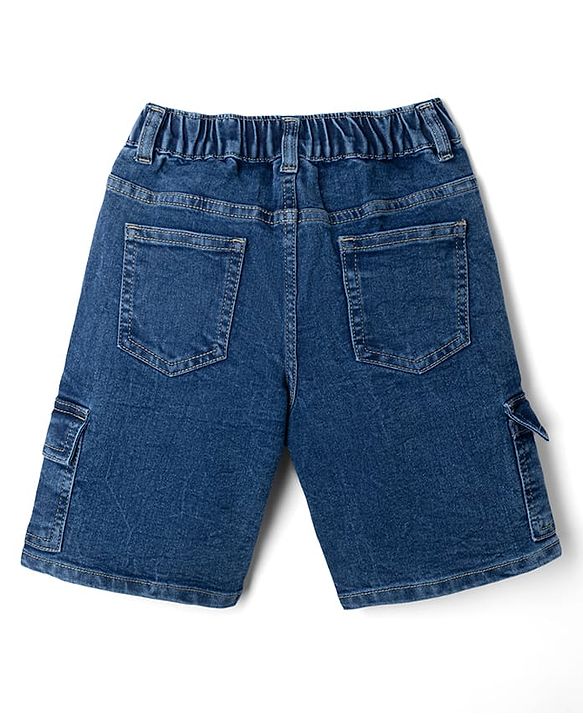 Pine Kids Woven Above Knee Length Denim Shorts With Cargo Pockets - Navy Blue