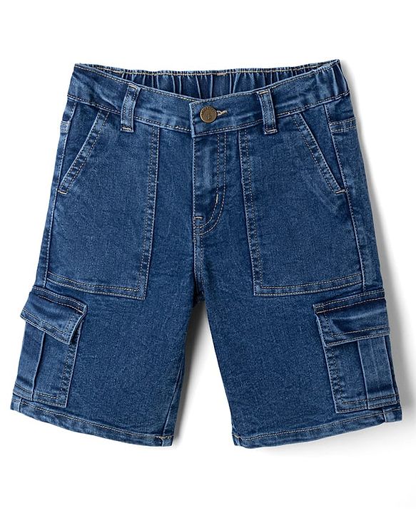 Pine Kids Woven Above Knee Length Denim Shorts With Cargo Pockets - Navy Blue