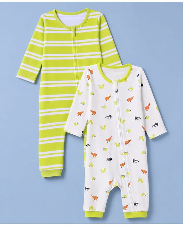 Babyhug 100% Cotton Interlock Knit Full Sleeves Striped Romper with Dino Print Pack Of 2 - Neon Green & White